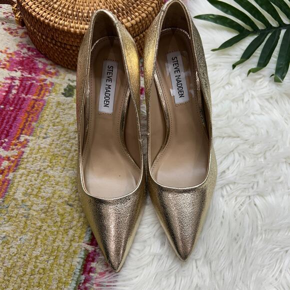 Steve Madden Gold Pointed Toe Leather Pump Heel 6.5 Cocktail Wedding Guest - Picture 4 of 11